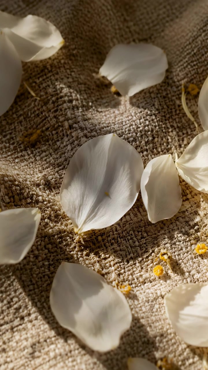 Vista ravvicinata obliqua dall'alto di petali bianco crema e frammenti di stami giallo pallido che si depositano su un tessuto intrecciato beige grezzo, con luce direzionale calda, ombre morbide e una raffinata texture naturale