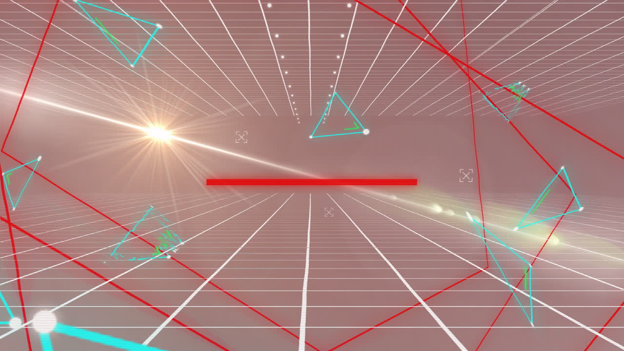 Animation of glowing geometric shapes and grid lines forming digital landscape