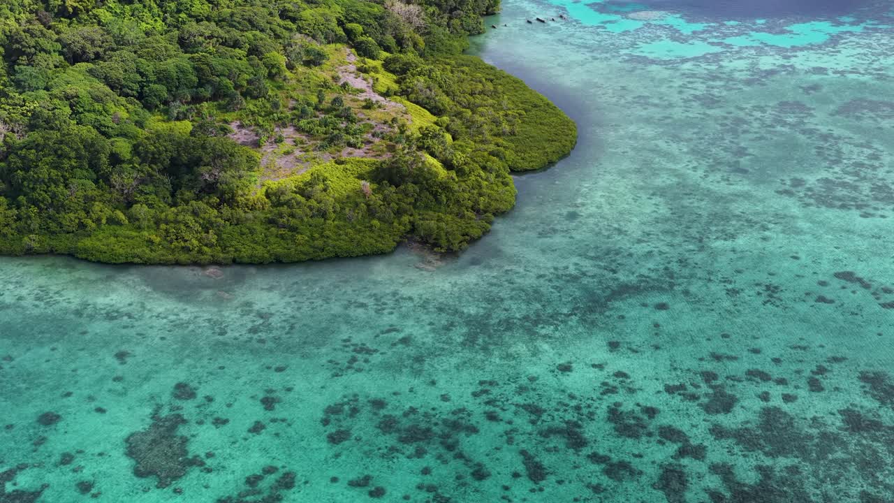Una ripresa aerea con drone rivela vivaci barriere coralline e la vegetazione di un'isola tropicale in acqua turchese.