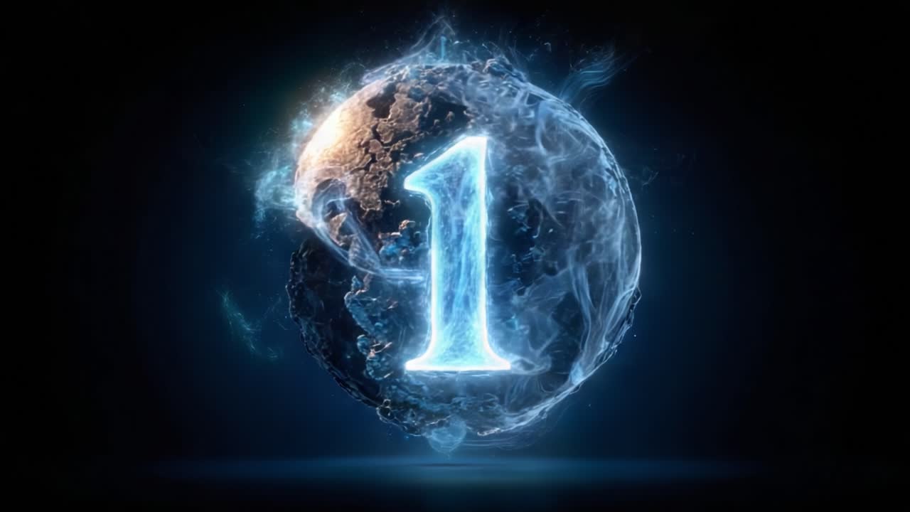 A Stunning Visual Representation of the Number One in a Galactic Theme, Surrounded by Ethereal Blue and White Energy Swirls on a Dark Background