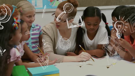 helping diverse children with schoolwork, teacher using educational tools animation