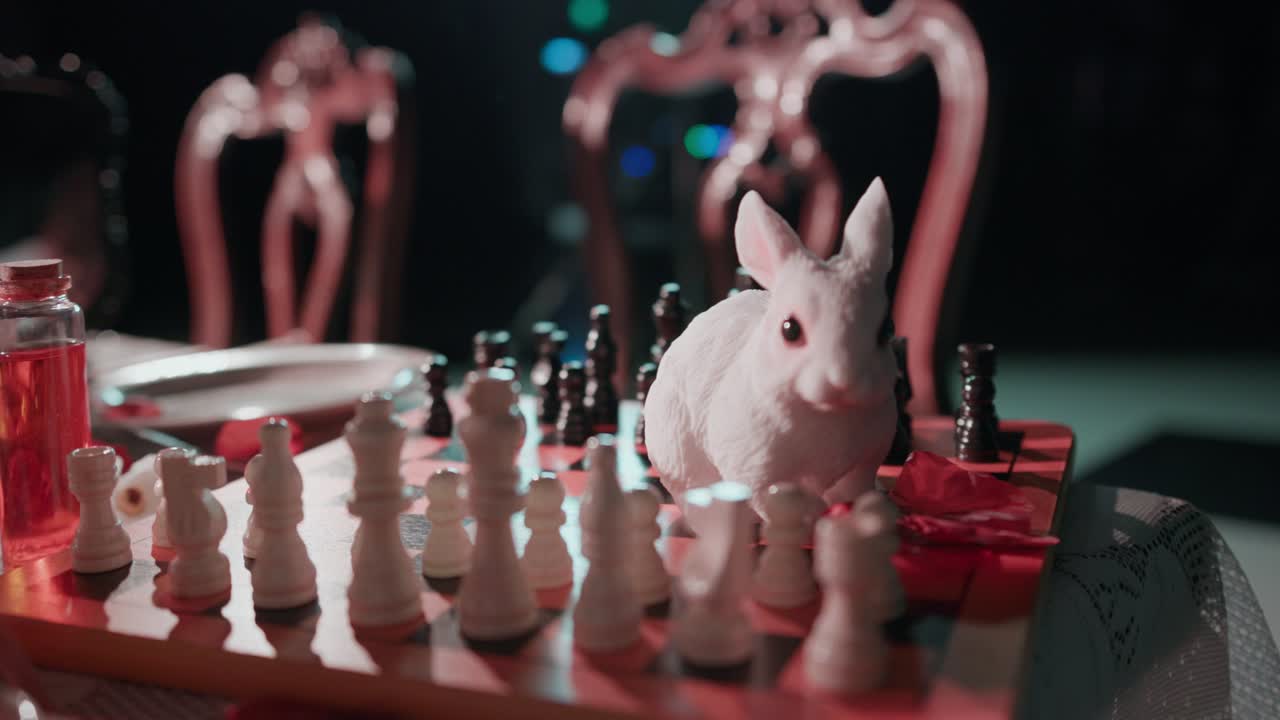 Nærbilde av en hvit kaninfigur plassert blant sjakkbrikker på et sjakkbrett, belyst med stemningsfullt rødt og turkist lys. Scenen fremkaller temaer som strategi, surrealisme og fantasi