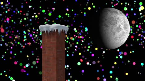 Animation-of-winter-christmas-scenery-with-chimney,-colourful-spots-falling-and-moon