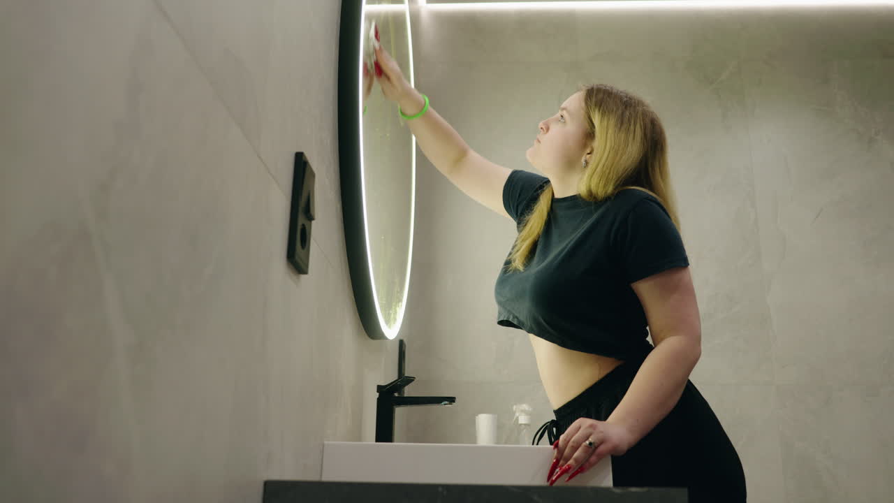 Woman Cleaning a Bathroom Mirror