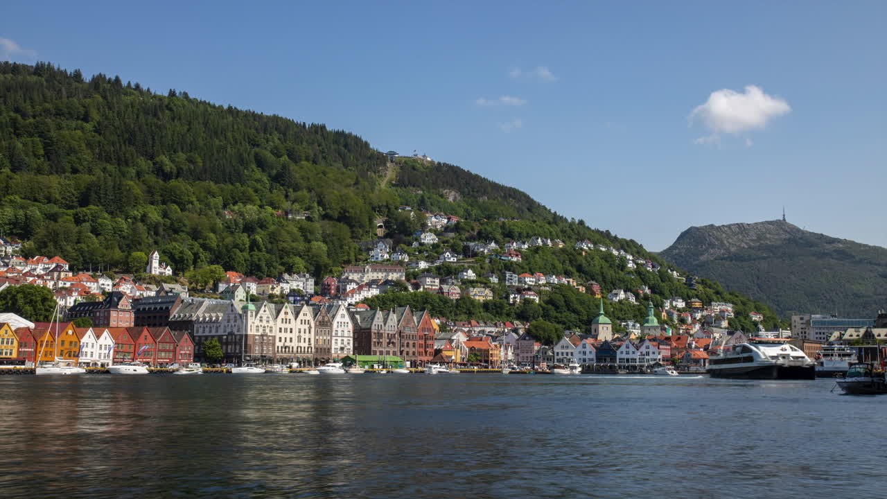 Splendida vista del famoso sito Patrimonio dell'Umanità UNESCO Bryggen a Bergen, Norvegia