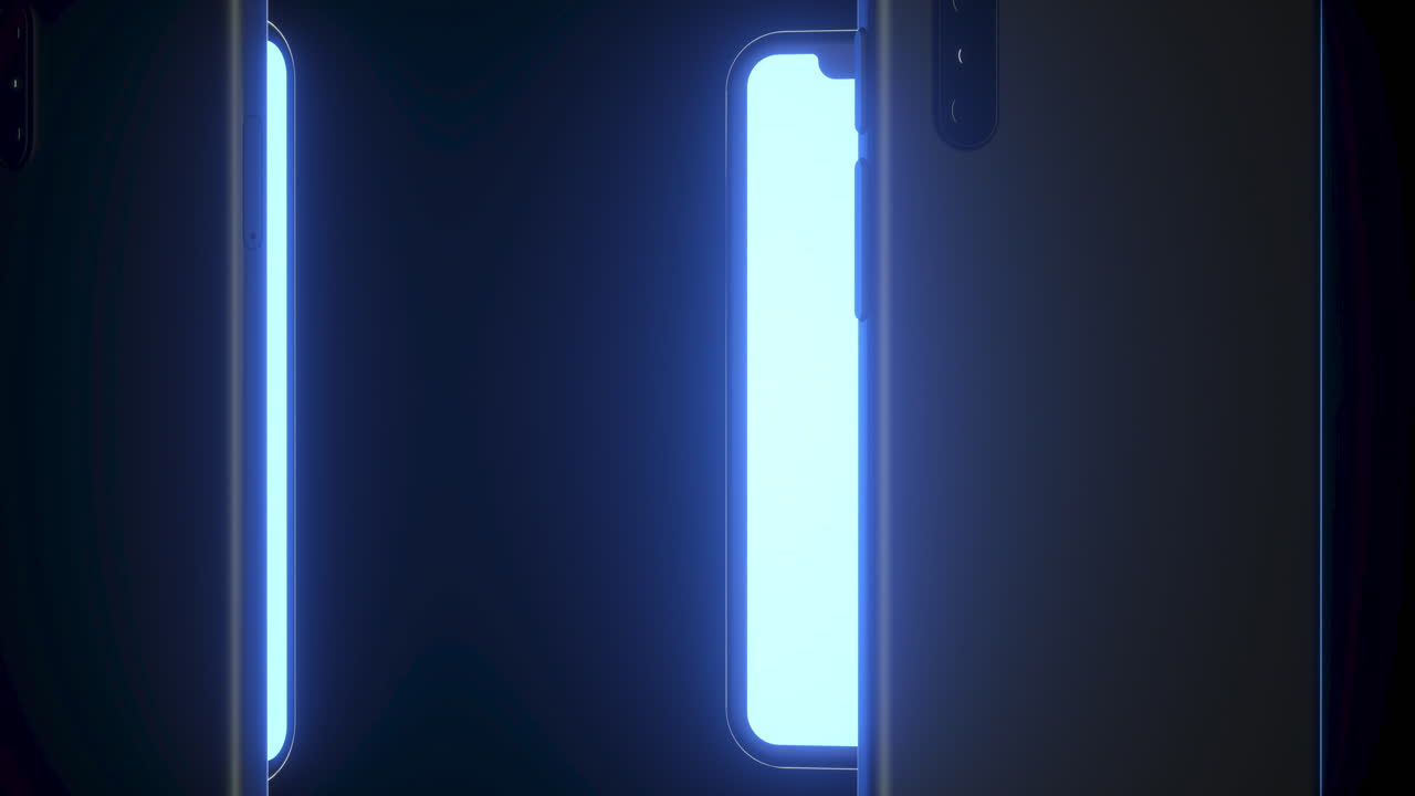 Five mobile phone with illuminated screen rotating. 3D realistic render loop animation