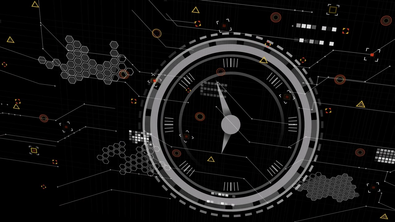 Animation of data processing over clock on black background