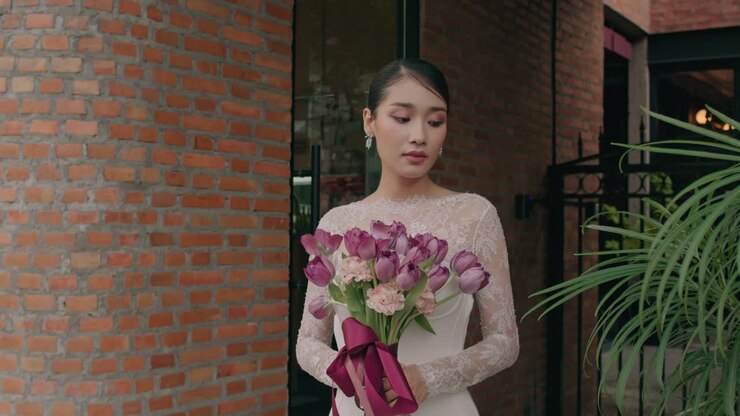 Bride holding a bouquet of tulips