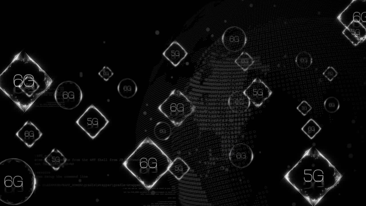 animación de 6g y 5g en todo el mundo con procesamiento de datos en fondo negro