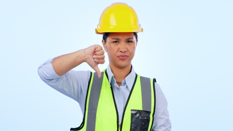 Thumbs-down,-engineering-and-construction-woman