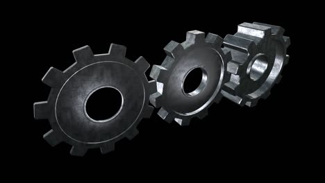 rotating metallic gears. black background. alpha channel