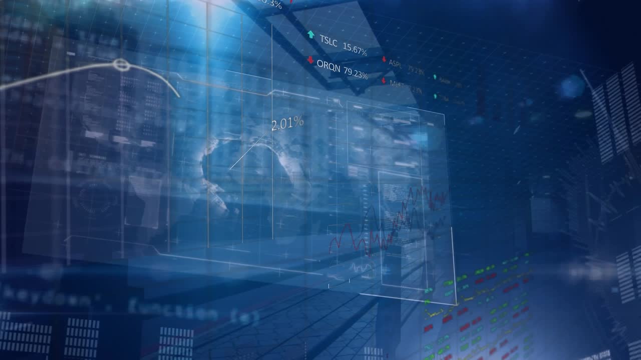 Animation of red abstract shapes over interface with data processing against city traffic