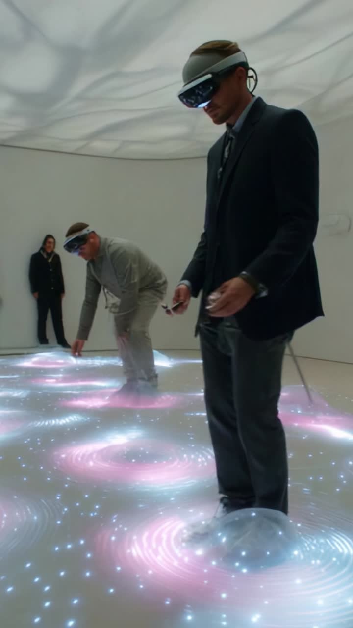Exploring Interactive Digital Landscapes: Two Individuals Engage with an Immersive Floor Projection and Augmented Reality Technology in a Creative Space