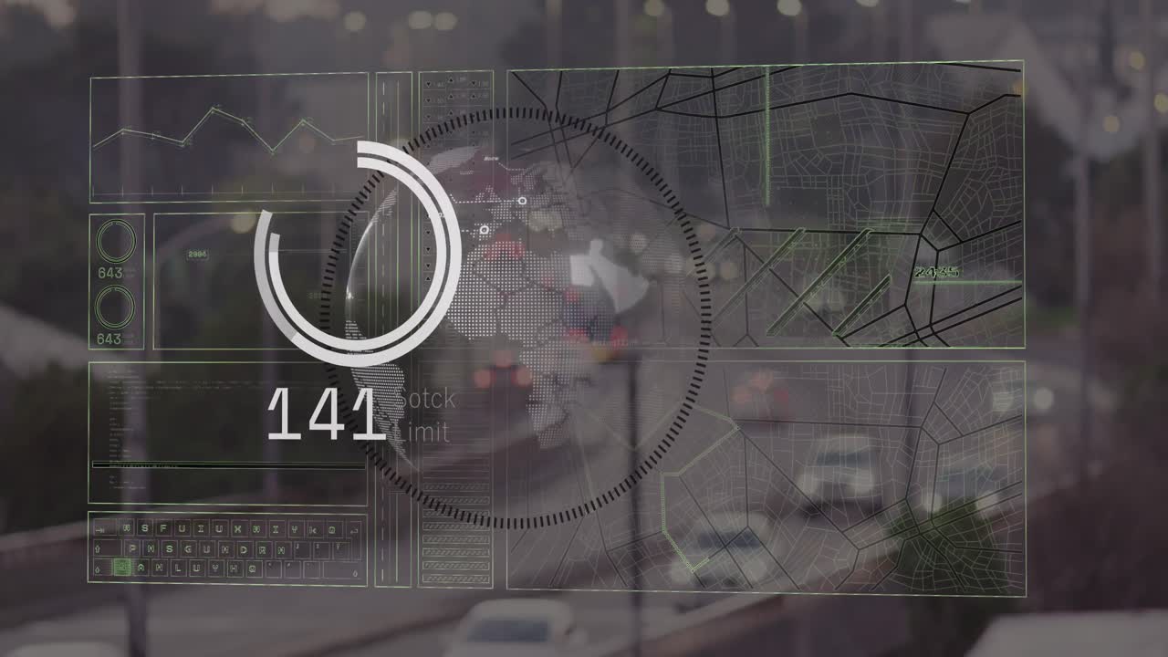 animación del globo y procesamiento de datos sobre el paisaje urbano