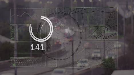 Animation of globe and data processing over cityscape