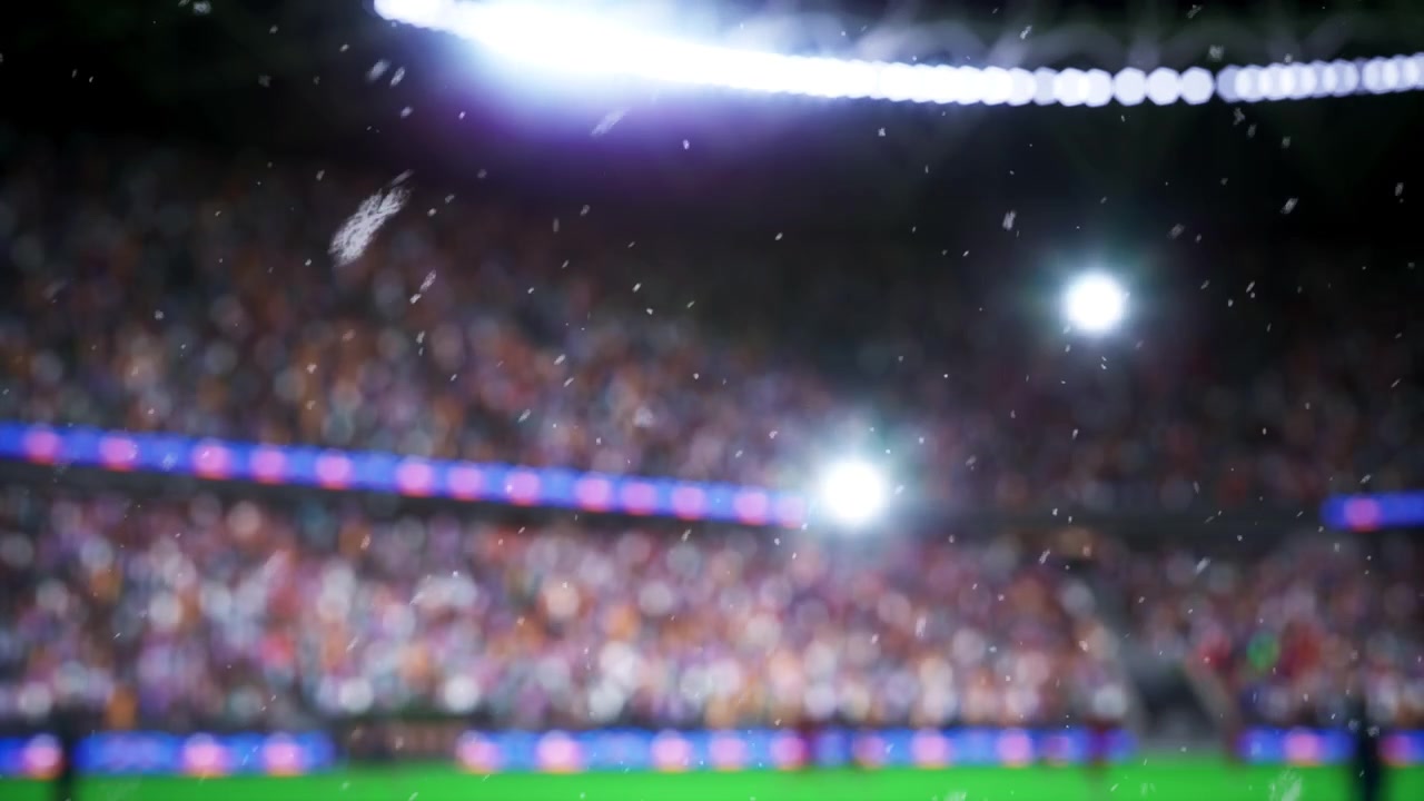 Primo piano di neve renderizzata in 3D che cade su giocatori di calcio su sfondo sfocato