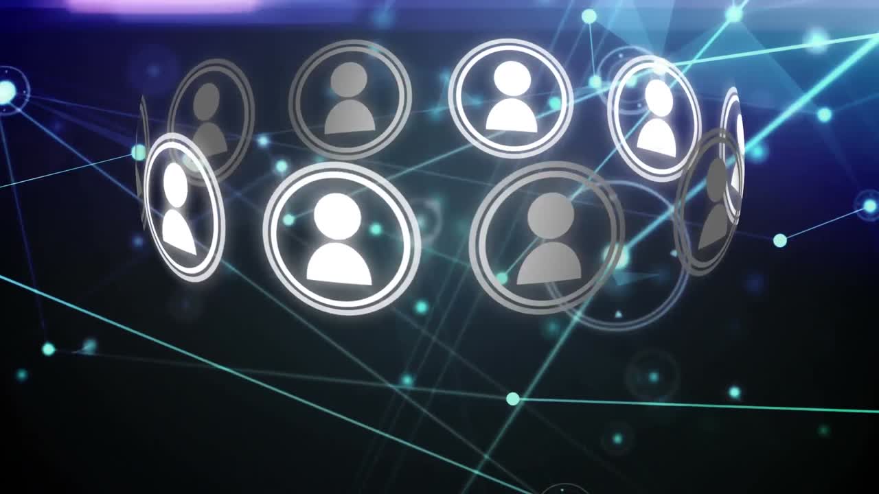 animación de la red de conexiones con iconos en espacio digital negro y azul