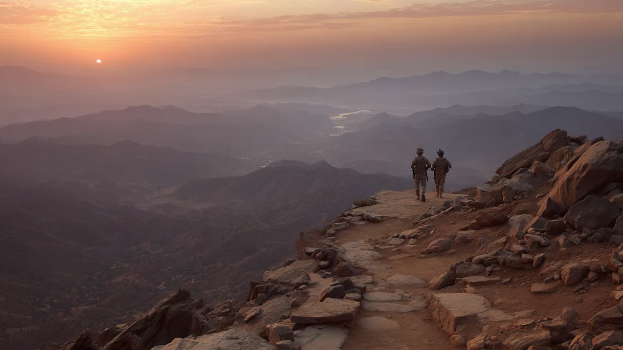 Due soldati si godono una tranquilla passeggiata al tramonto lungo un sentiero di montagna, circondati da viste mozzafiato del vasto paesaggio sottostante.