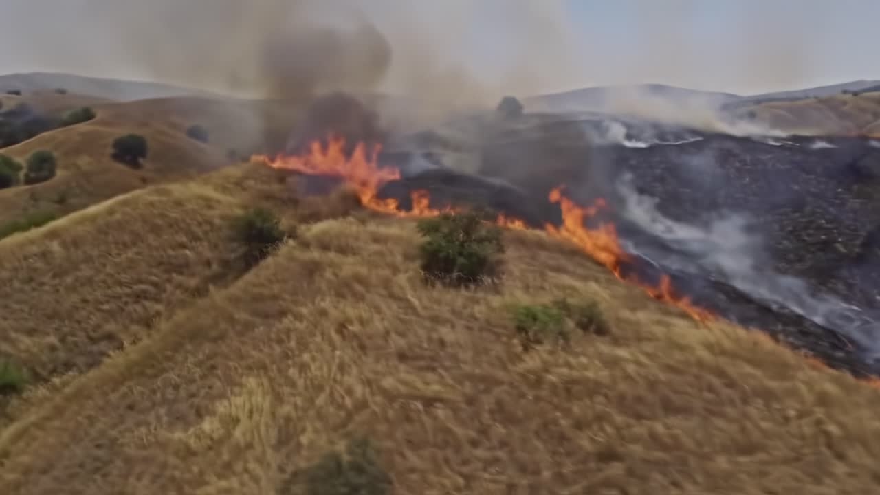 Extensive Wildfire Engulfs Dry Hillside, Consuming Vegetation and Creating Billowing Smoke Clouds Amidst the Golden Landscape of Summer's Parched Terrain