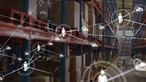 animation of network of connections with icons over warehouse