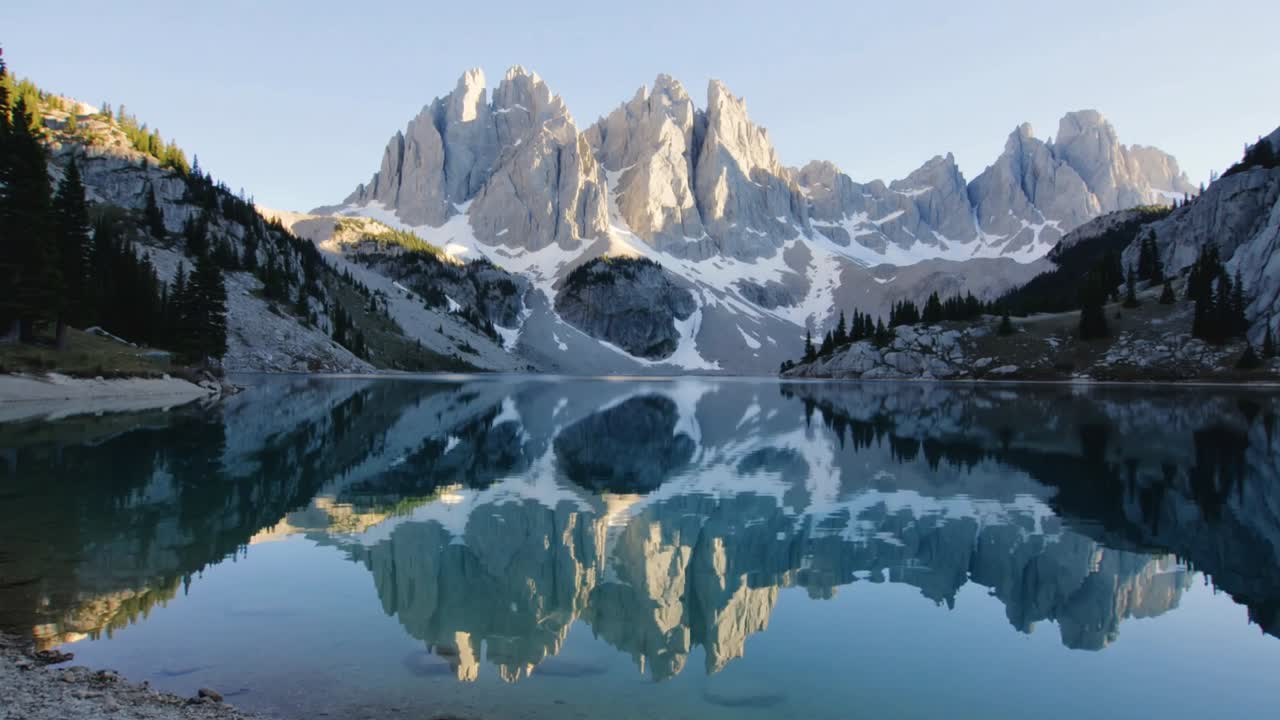 La luce del sole che si sposta illumina una frastagliata cresta montuosa in un bacino alpino, riflettendosi su un lago turchese