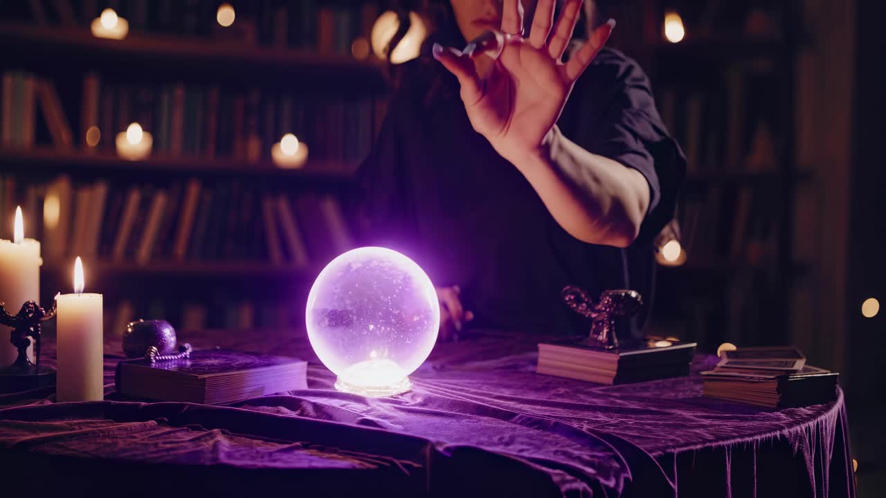 A mystical video scene with a low-angle view of a fortune teller's table, featuring a glowing