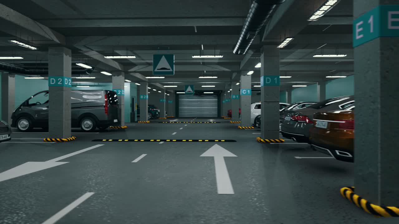Underground parking with cars. Modern underground parking. Indoor full modern parking. Underground Parking Garage Scene