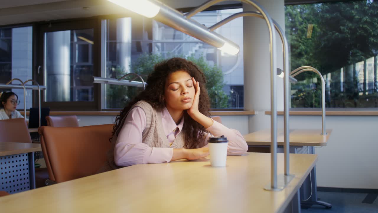 donna che studia in biblioteca