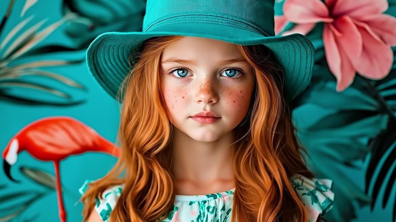 A young girl wearing a green hat and a green dress