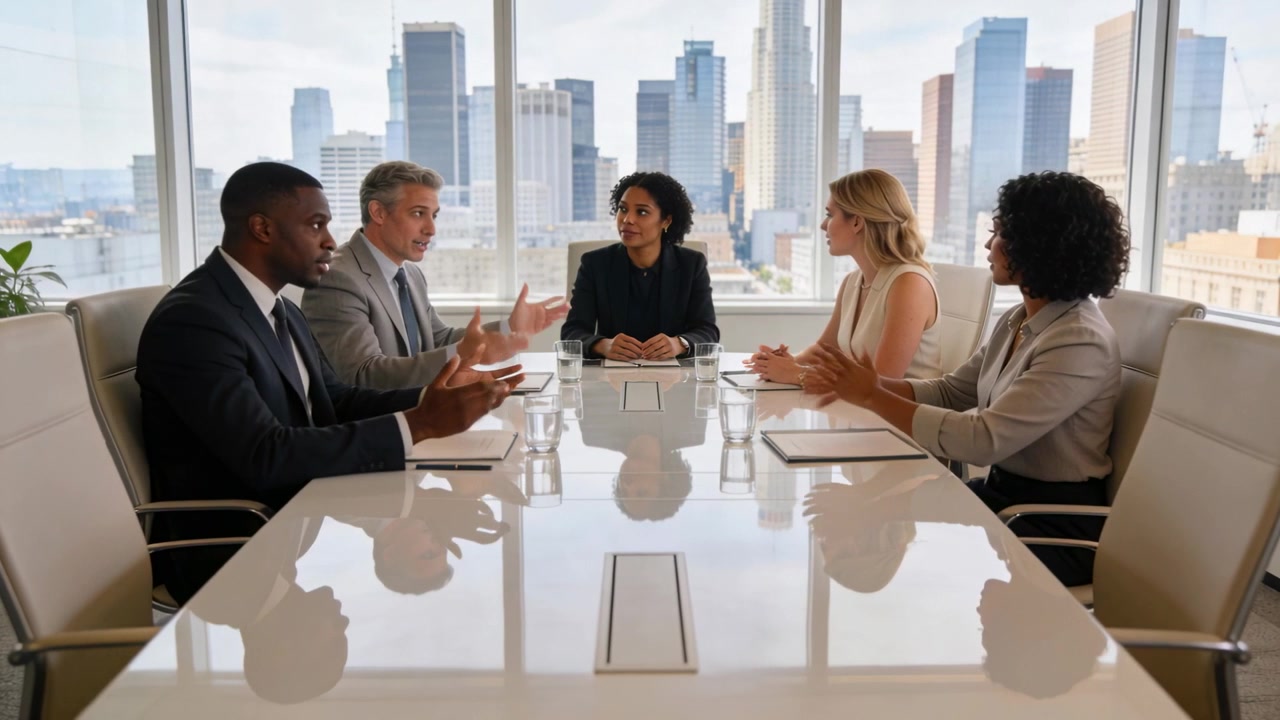 Une femme leader dirige la discussion, gesticulant et guidant son équipe en costume autour d'une table, avec une vue sur la ligne d'horizon.