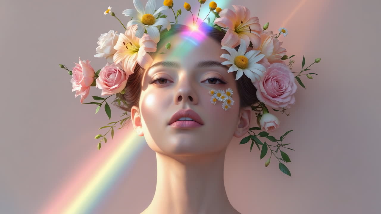 Woman with Floral Crown and Rainbow Light Effect