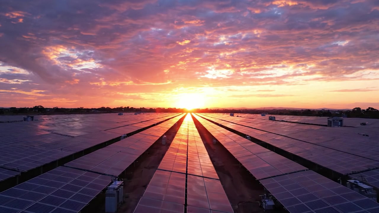 En betagende solnedgang over en stor solcellepark, der viser rækker af solpaneler, som reflekterer himlens levende farver, symboliserende vedvarende energi og bæredygtighed.