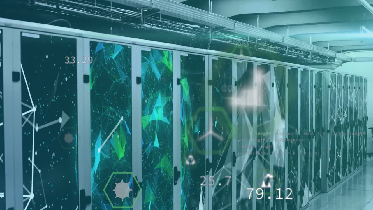 animación de iconos digitales y procesamiento de datos en la sala del servidor