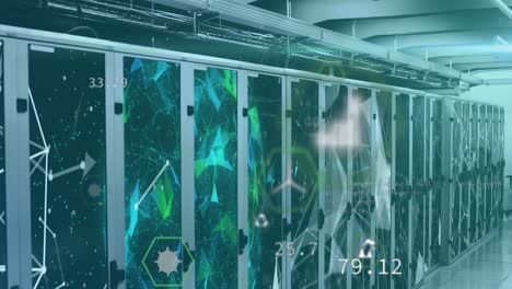 animation of digital icons and data processing over server room