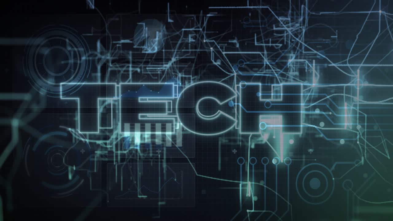 Neon lines drifting in forming pulsing nodes and glowing TECH letters integrating into circuit