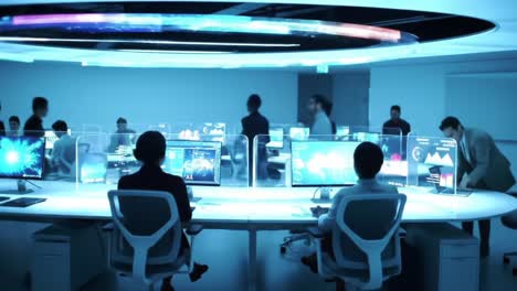 futuristic command center: a collaborative workspace facilitating innovation and technology in dynamic environments with advanced displays and analysis tools