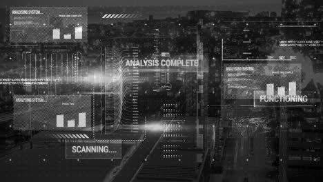 animation of graphs, computer language and multiple texts over cityscape in background