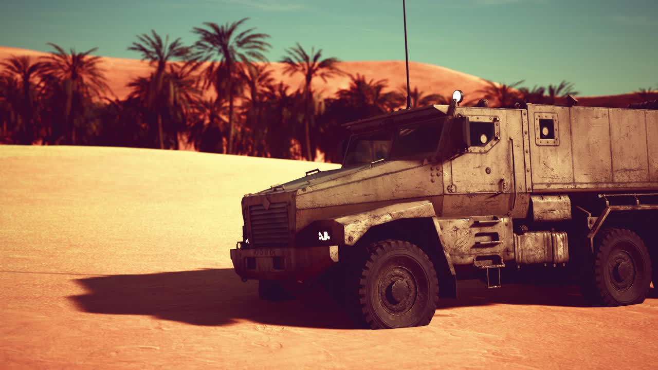 사막에서 장갑 군사 트럭