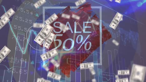 american dollar bills falling over sale text banner against stock market data processing