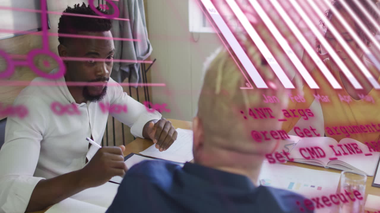 Animation af grafer, globus og computersprog over mangfoldige kolleger, der diskuterer rapporter