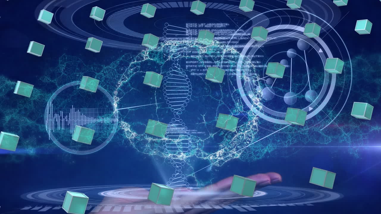 인간의 뇌와 데이터 처리에 대한 dna 줄무와 녹색 큐브의 행의 애니메이션