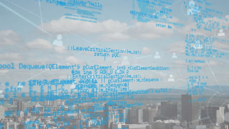 código de computadora y conexiones de red animación sobre el paisaje urbano