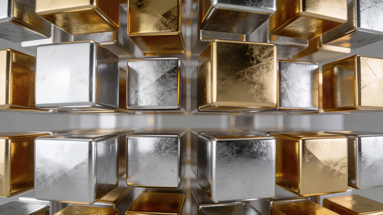 Matrice di cubi metallici in movimento che si inclinano su una griglia mentre un carrello si sposta, mostrando graffi e punti luce dello studio.