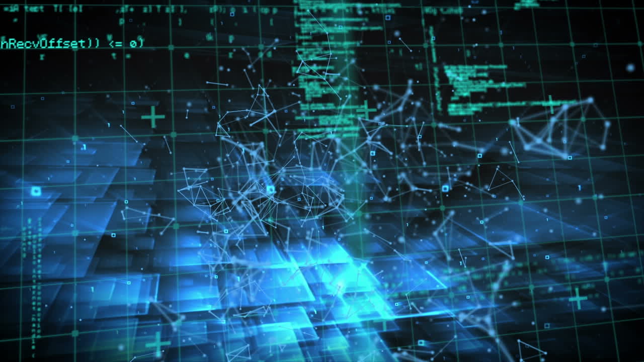 Animation of data processing and network of connections over grid