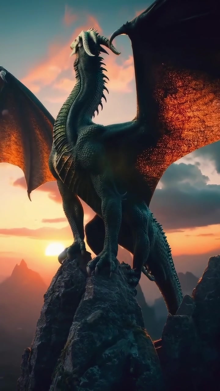 Dragon majestueux rugissant sur un sommet de montagne au coucher du soleil