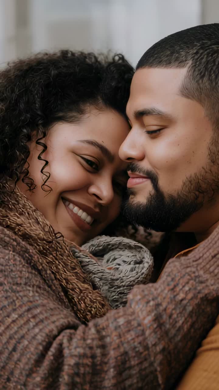 Vertical video: Nestling woman nudging man leaning closer on sofa by window, brown knits for warmth