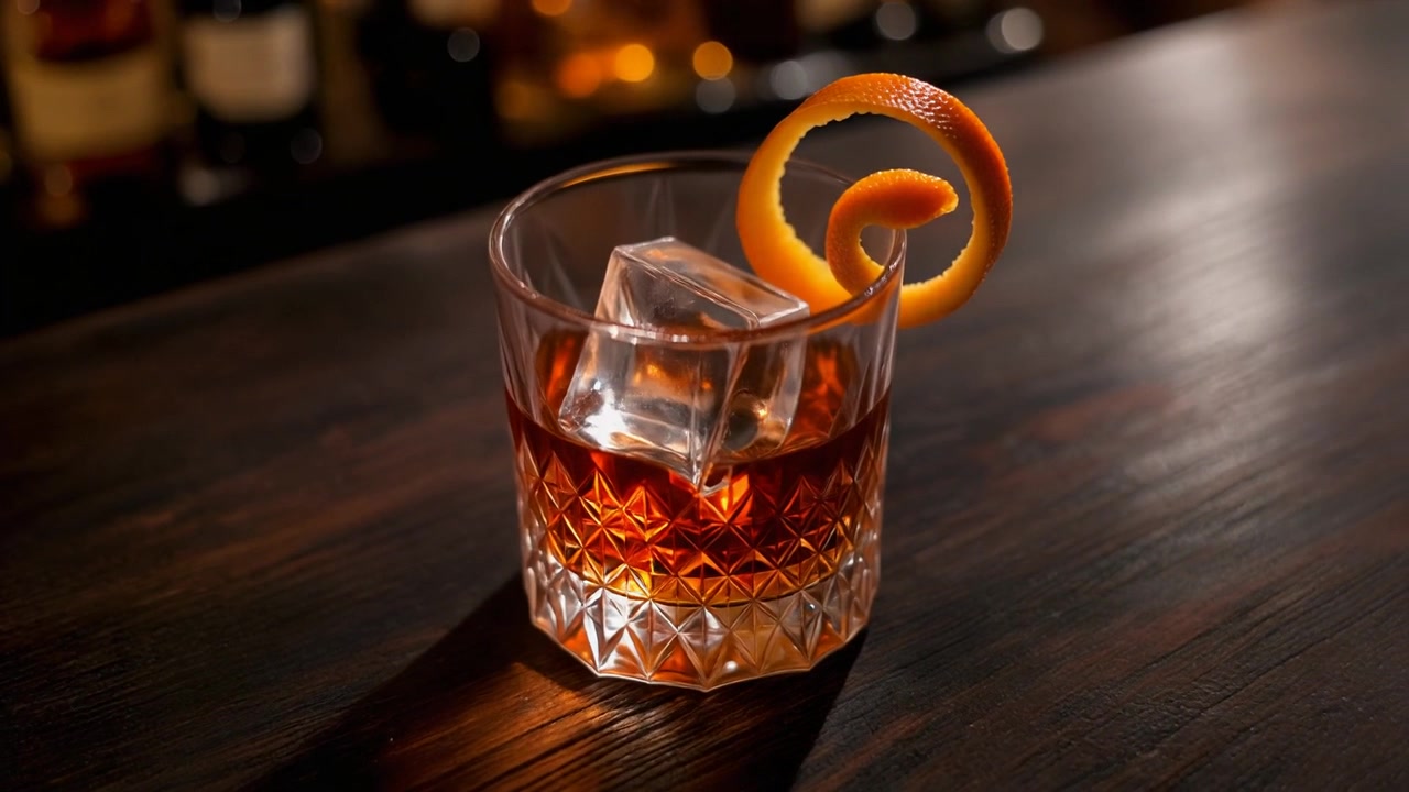 Cocktail Old Fashioned con scorza d'arancia su un bancone da bar in legno