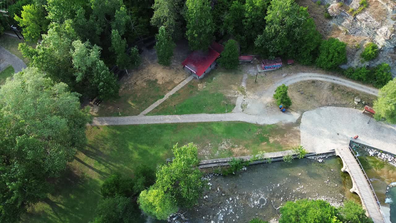 Nestorio River Party music festival camping Greece holiday park empty aerial drone Aliakmonas River