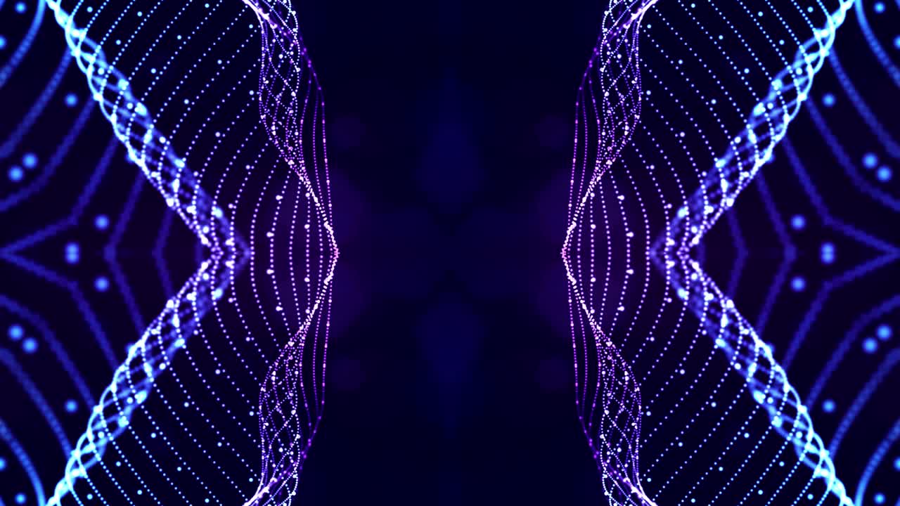 4k looped sci-fi 3d abstract animation. Glow blue particles form lines, symmetrical structures like in microworld or cosmic space. For holiday presentations, ceremonies as vj loop motion design