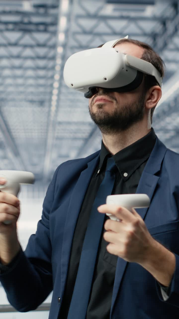 Vertical video Innovating microchip production, VR goggles gear and man with coworker